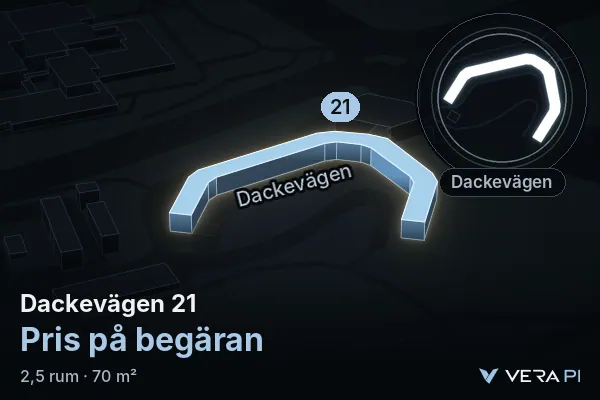 VERA PI's image of Dackevägen 21: the building in 3D, lit in blue, and the map around it