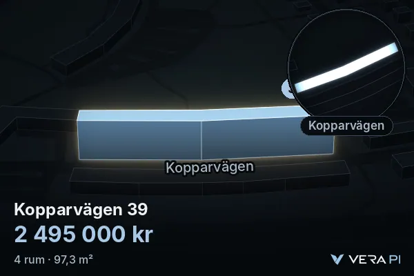 VERA PI's image of Kopparvägen 39: the building in 3D, lit in blue, and the map around it