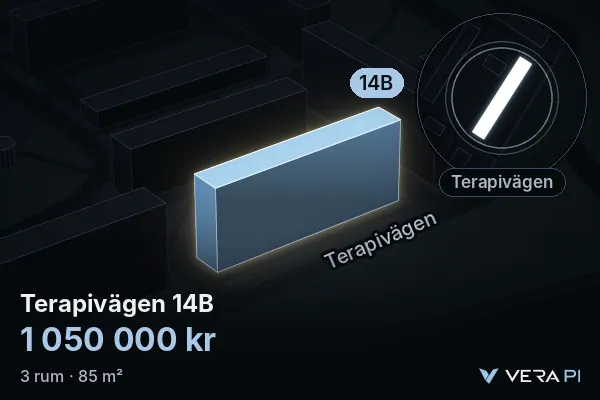 VERA PI's image of Terapivägen 14B: the building in 3D, lit in blue, and the map around it