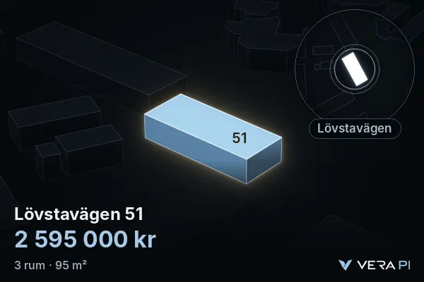 VERA PI:s bild av Lövstavägen 51: huset i 3D, upplyst i blått, och kartan runt omkring