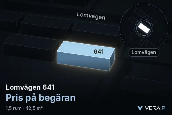 VERA PI's image of Lomvägen 641: the building in 3D, lit in blue, and the map around it