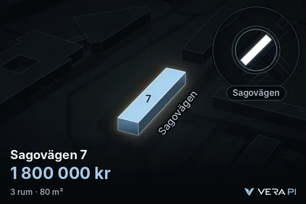 VERA PI's image of Sagovägen 7: the building in 3D, lit in blue, and the map around it