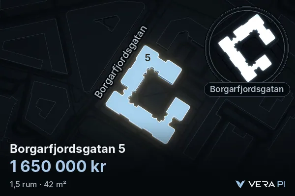 VERA PI's image of Borgarfjordsgatan 5: the building in 3D, lit in blue, and the map around it
