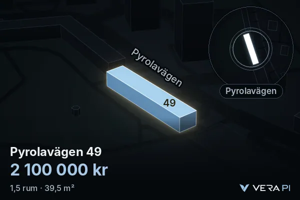 VERA PI's image of Pyrolavägen 49: the building in 3D, lit in blue, and the map around it