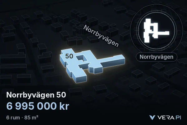 VERA PI:s bild av Norrbyvägen 50: huset i 3D, upplyst i blått, och kartan runt omkring