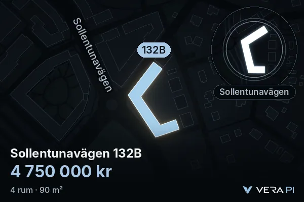 VERA PI's image of Sollentunavägen 132B: the building in 3D, lit in blue, and the map around it