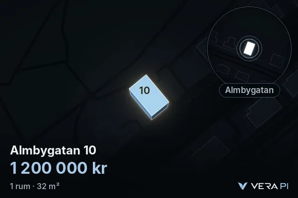 VERA PI:s bild av Almbygatan 10: huset i 3D, upplyst i blått, och kartan runt omkring