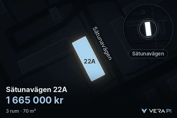 VERA PI's image of Sätunavägen 22A: the building in 3D, lit in blue, and the map around it