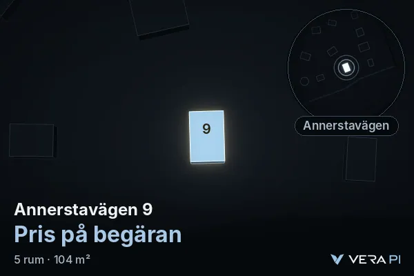 VERA PI:s bild av Annerstavägen 9: huset i 3D, upplyst i blått, och kartan runt omkring