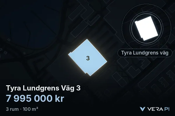 VERA PI's image of Tyra Lundgrens Väg 3: the building in 3D, lit in blue, and the map around it