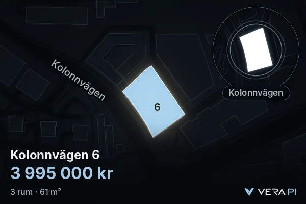 VERA PI's image of Kolonnvägen 6: the building in 3D, lit in blue, and the map around it