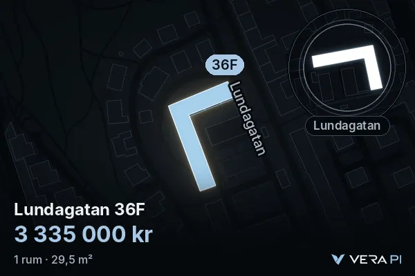 VERA PI:s bild av Lundagatan 36F: huset i 3D, upplyst i blått, och kartan runt omkring