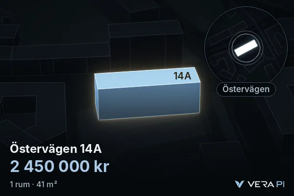 VERA PI's image of Östervägen 14A: the building in 3D, lit in blue, and the map around it