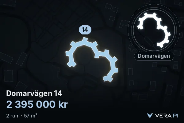VERA PI:s bild av Domarvägen 14: huset i 3D, upplyst i blått, och kartan runt omkring