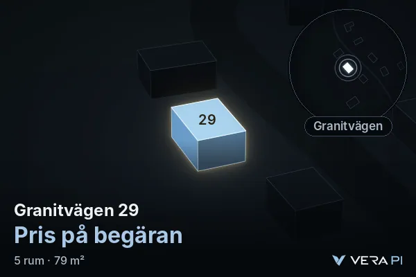 VERA PI:s bild av Granitvägen 29: huset i 3D, upplyst i blått, och kartan runt omkring