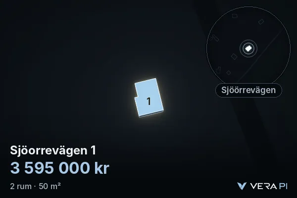 VERA PI's image of Sjöorrevägen 1: the building in 3D, lit in blue, and the map around it