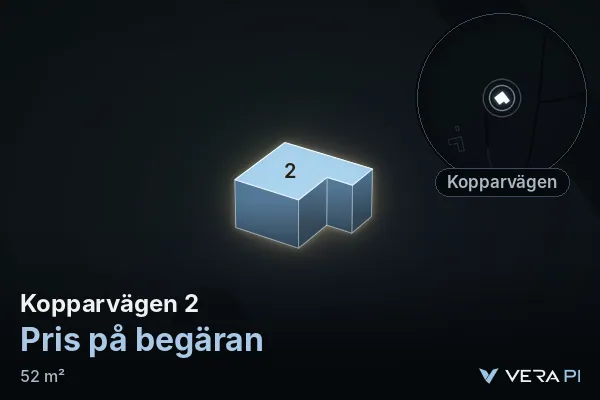 VERA PI:s bild av Kopparvägen 2: huset i 3D, upplyst i blått, och kartan runt omkring
