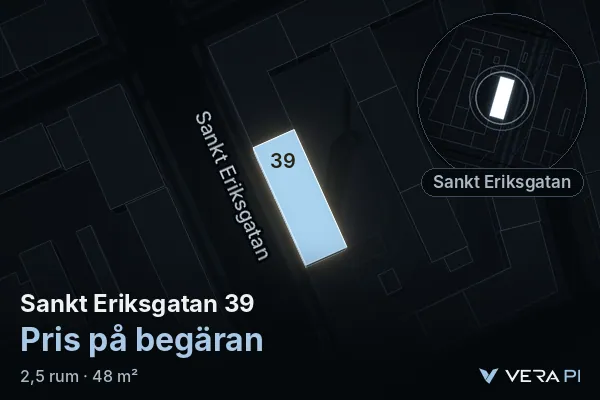 VERA PI's image of Sankt Eriksgatan 39: the building in 3D, lit in blue, and the map around it