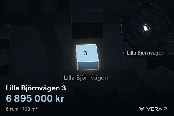 VERA PI:s bild av Lilla Björnvägen 3: huset i 3D, upplyst i blått, och kartan runt omkring