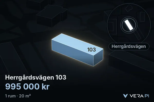 VERA PI:s bild av Herrgårdsvägen 103: huset i 3D, upplyst i blått, och kartan runt omkring
