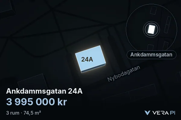 VERA PI's image of Ankdammsgatan 24A: the building in 3D, lit in blue, and the map around it