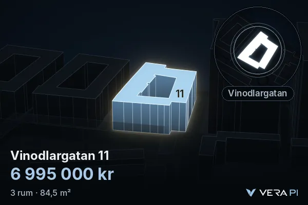 VERA PI's image of Vinodlargatan 11: the building in 3D, lit in blue, and the map around it