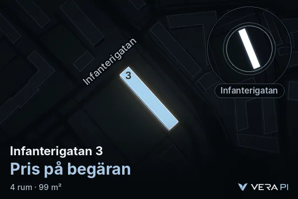VERA PI's image of Infanterigatan 3: the building in 3D, lit in blue, and the map around it