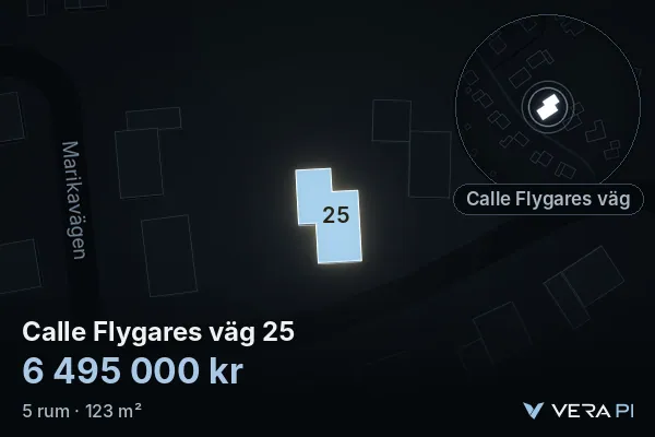 VERA PI:s bild av Calle Flygares väg 25: huset i 3D, upplyst i blått, och kartan runt omkring