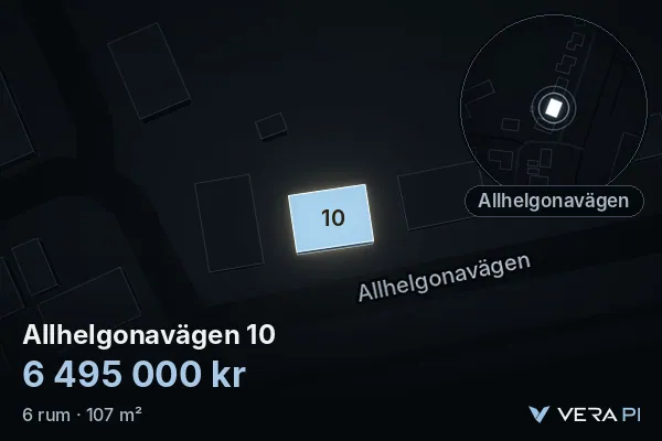VERA PI:s bild av Allhelgonavägen 10: huset i 3D, upplyst i blått, och kartan runt omkring