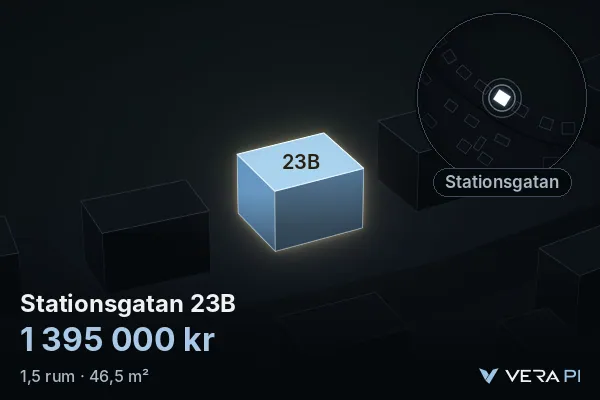 VERA PI:s bild av Stationsgatan 23B: huset i 3D, upplyst i blått, och kartan runt omkring