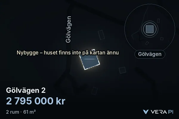 VERA PI:s bild av Gölvägen 2: huset i 3D, upplyst i blått, och kartan runt omkring