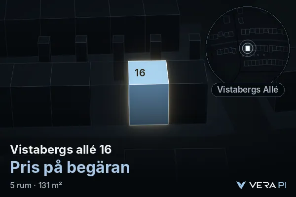 VERA PI:s bild av Vistabergs allé 16: huset i 3D, upplyst i blått, och kartan runt omkring