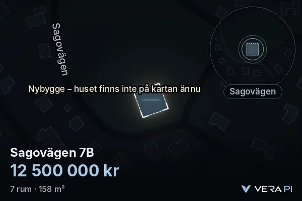 VERA PI's image of Sagovägen 7B: the building in 3D, lit in blue, and the map around it
