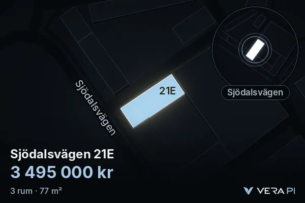 VERA PI:s bild av Sjödalsvägen 21E: huset i 3D, upplyst i blått, och kartan runt omkring