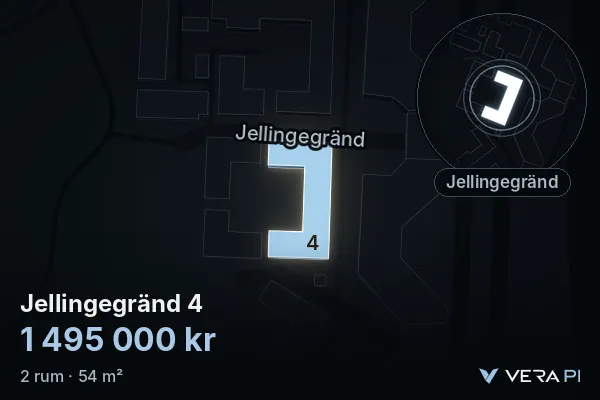 VERA PI's image of Jellingegränd 4: the building in 3D, lit in blue, and the map around it