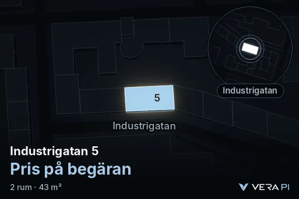 VERA PI's image of Industrigatan 5: the building in 3D, lit in blue, and the map around it