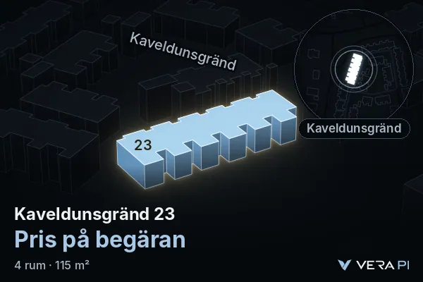 VERA PI's image of Kaveldunsgränd 23: the building in 3D, lit in blue, and the map around it