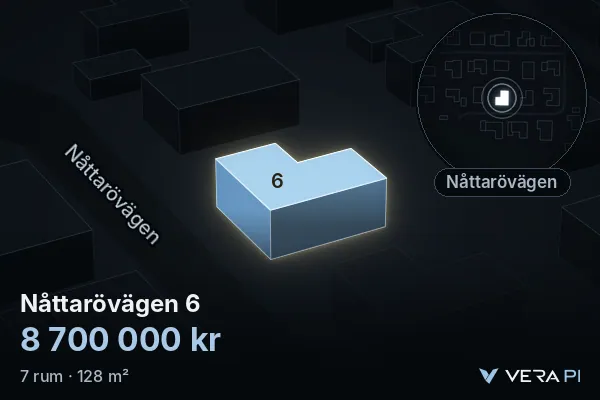 VERA PI's image of Nåttarövägen 6: the building in 3D, lit in blue, and the map around it