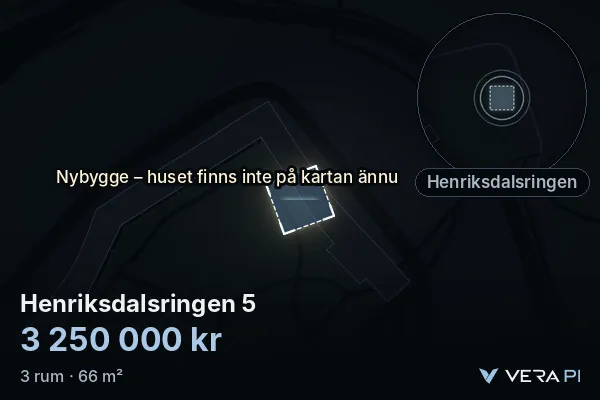 VERA PI:s bild av Henriksdalsringen 5: huset i 3D, upplyst i blått, och kartan runt omkring