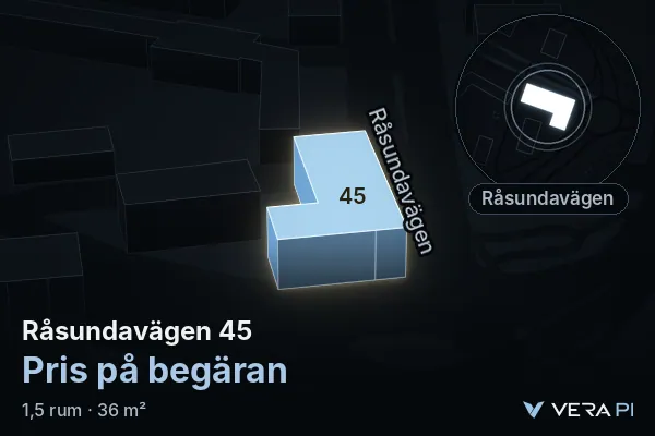 VERA PI:s bild av Råsundavägen 45: huset i 3D, upplyst i blått, och kartan runt omkring