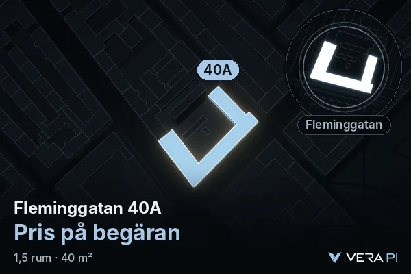 VERA PI's image of Fleminggatan 40A: the building in 3D, lit in blue, and the map around it