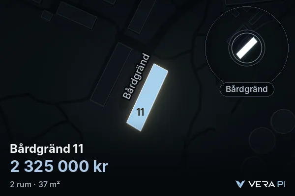 VERA PI:s bild av Bårdgränd 11: huset i 3D, upplyst i blått, och kartan runt omkring