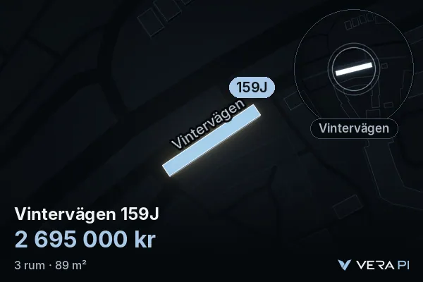 VERA PI:s bild av Vintervägen 159J: huset i 3D, upplyst i blått, och kartan runt omkring