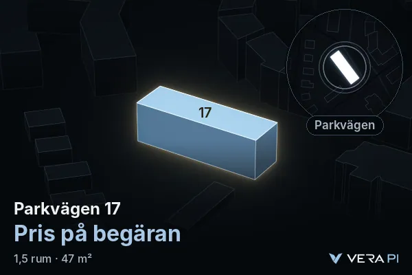 VERA PI:s bild av Parkvägen 17: huset i 3D, upplyst i blått, och kartan runt omkring