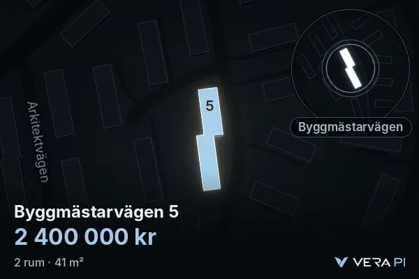 VERA PI:s bild av Byggmästarvägen 5: huset i 3D, upplyst i blått, och kartan runt omkring