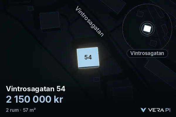 VERA PI's image of Vintrosagatan 54: the building in 3D, lit in blue, and the map around it
