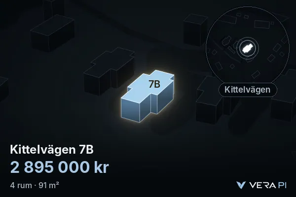 VERA PI:s bild av Kittelvägen 7B: huset i 3D, upplyst i blått, och kartan runt omkring