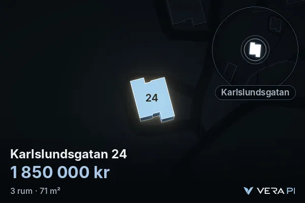 VERA PI's image of Karlslundsgatan 24: the building in 3D, lit in blue, and the map around it