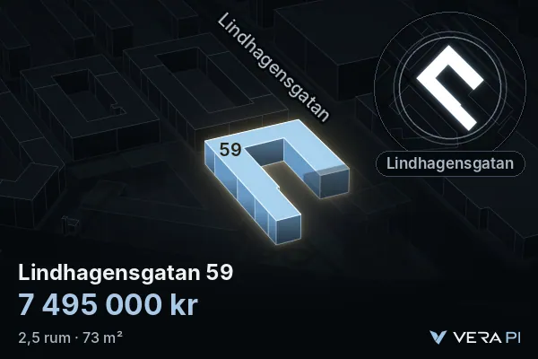 VERA PI:s bild av Lindhagensgatan 59: huset i 3D, upplyst i blått, och kartan runt omkring