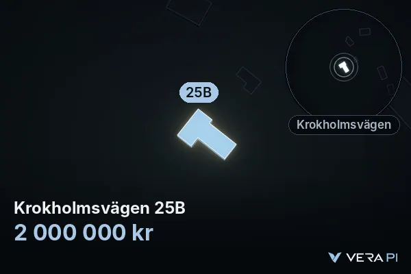 VERA PI:s bild av Krokholmsvägen 25B: huset i 3D, upplyst i blått, och kartan runt omkring